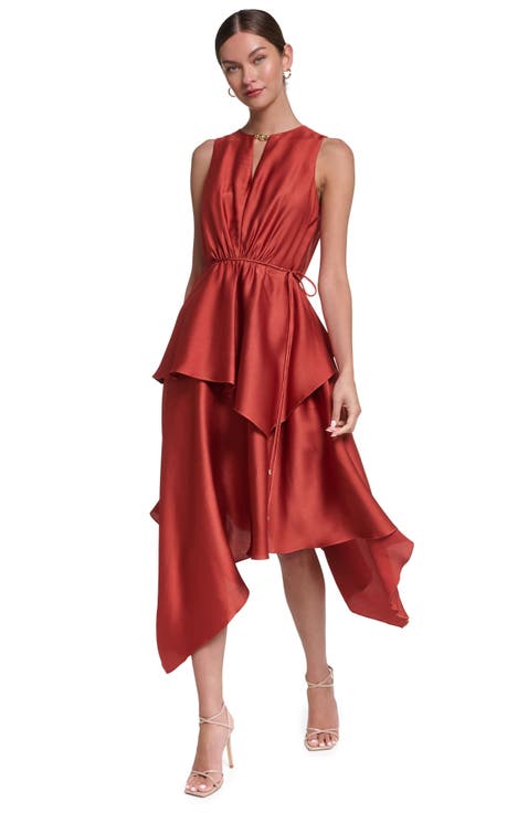 Sleeveless Satin Midi Dress with Layered Skirt