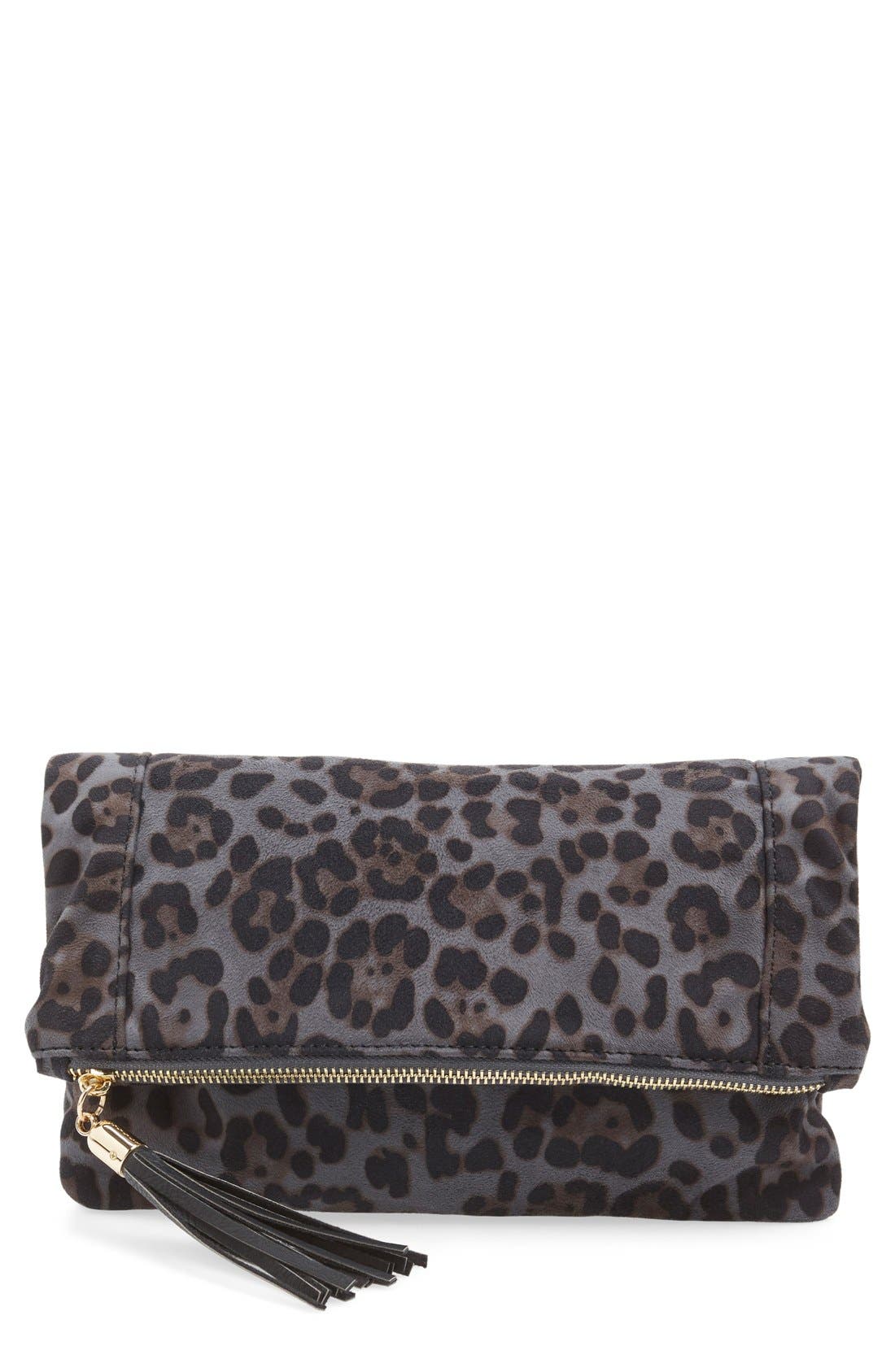 'Tasia' Print Foldover Clutch, Main, color, SLATE