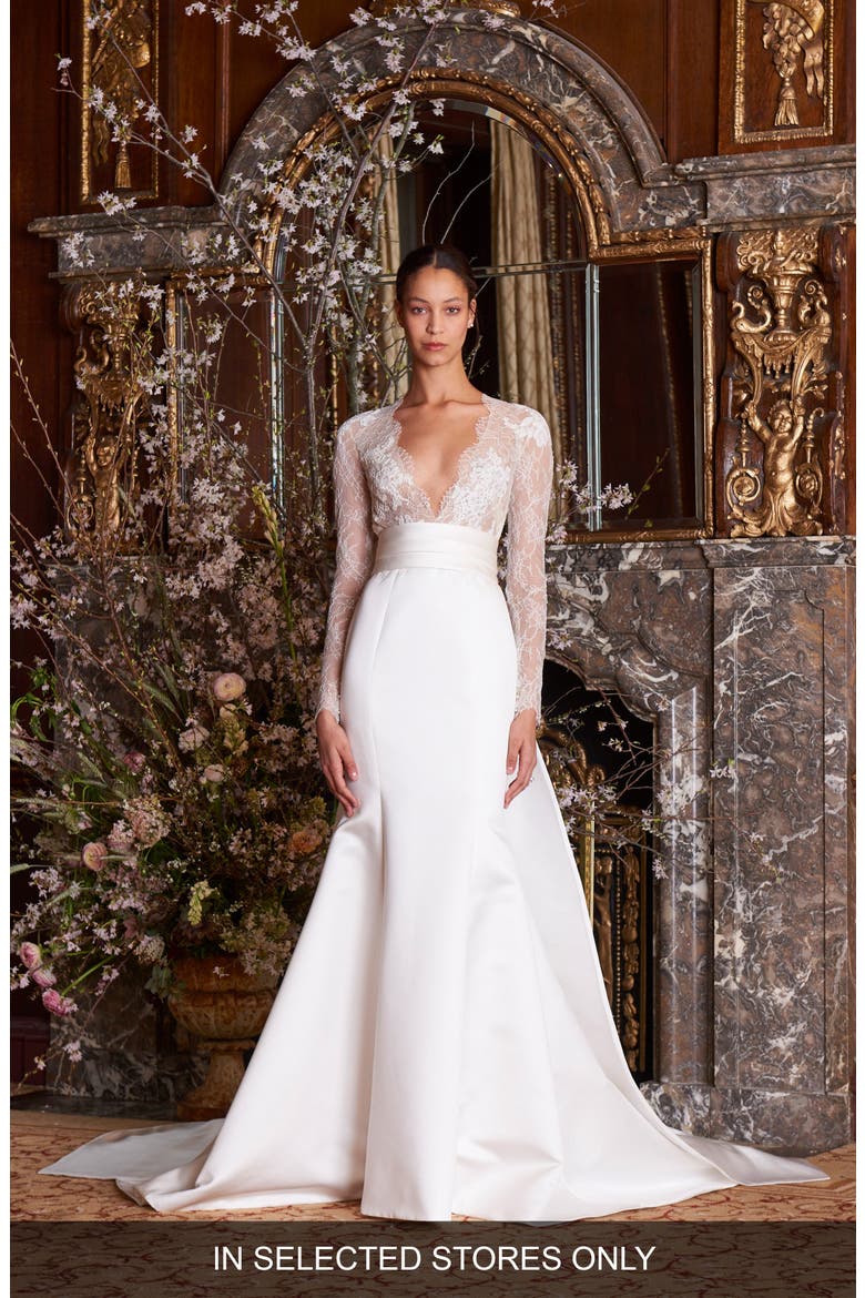 Albertine Long Sleeve Trumpet Wedding Dress, Main, color, SILK WHITE/ NUDE