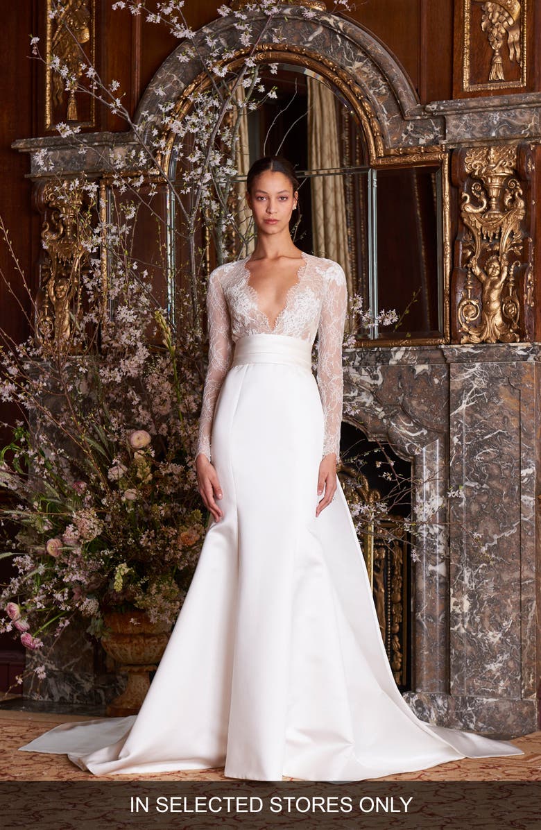 Monique Lhuillier Albertine Long Sleeve Trumpet Wedding Dress, Main, color, 