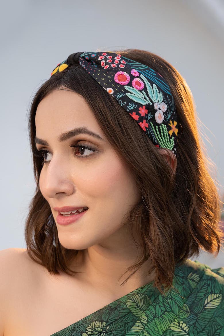 Tropical Knotted Hair Band, Alternate, color, Black