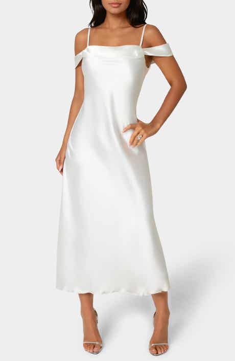 bebe Drape Shoulder Satin Midi Dress
