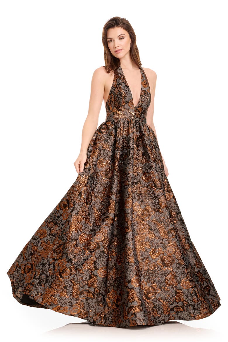Christina Metallic Floral Jacquard Plunge Halter Neck Gown, Alternate, color, BRONZE MULTI