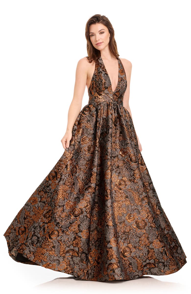 Dress the Population Christina Metallic Floral Jacquard Plunge Halter Neck Gown, Alternate, color, Bronze Multi