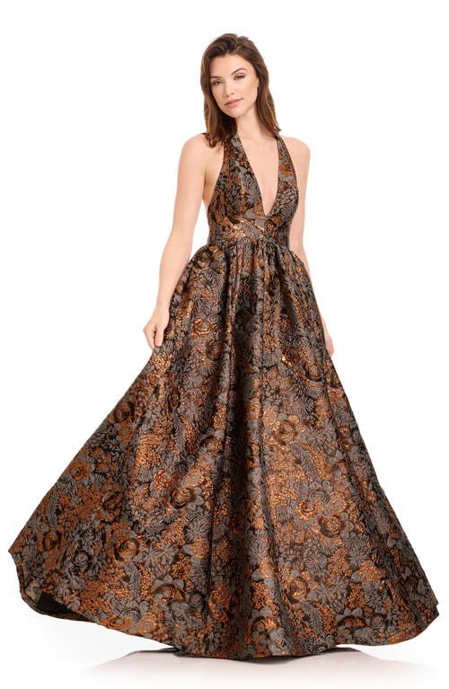 Dress The Population Christina Metallic Floral Jacquard Plunge Halter Neck Gown In Brown