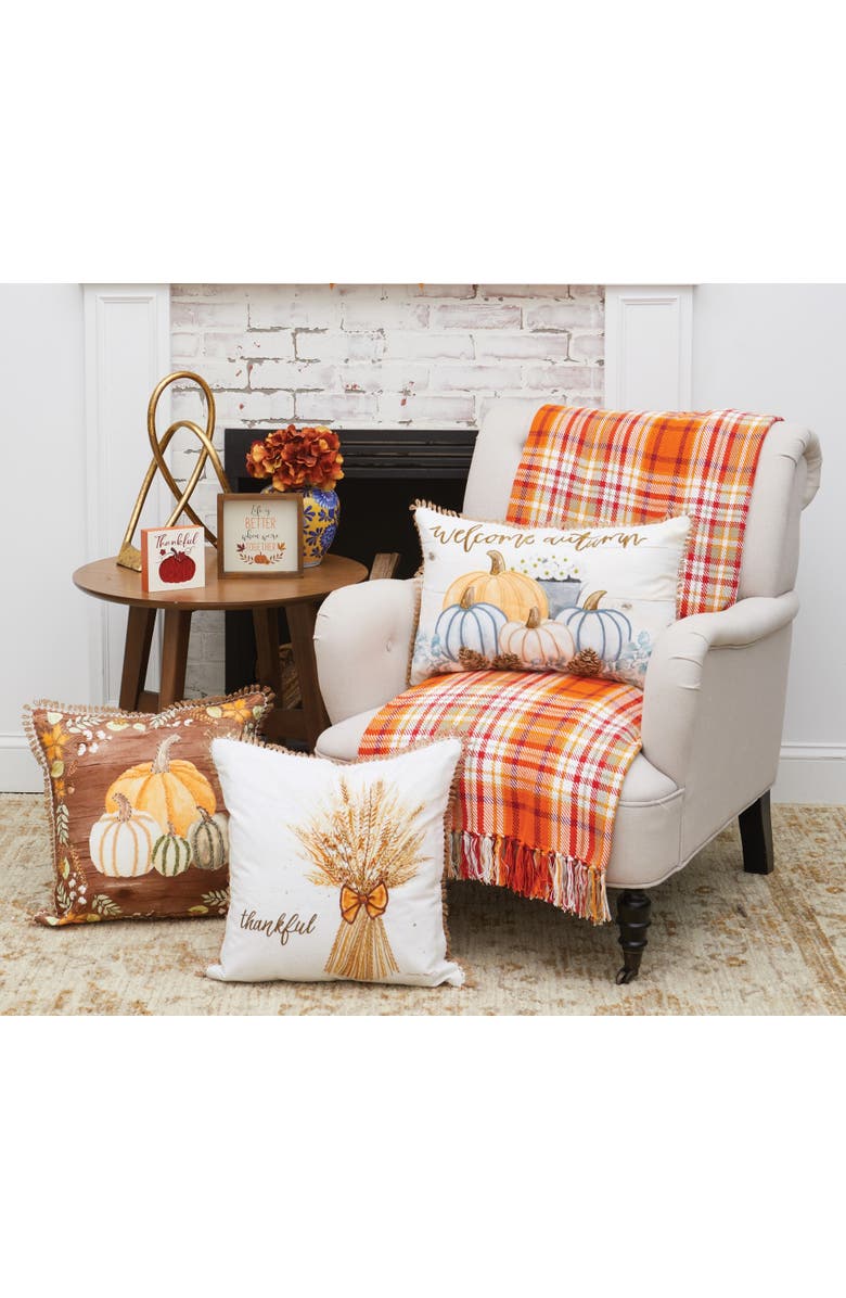 C&F Home "Thankful" Wheat Bundle w/ Bow Cotton Blend Embroidered Accent Throw Pillow 18" x 18", Alternate, color, Brown