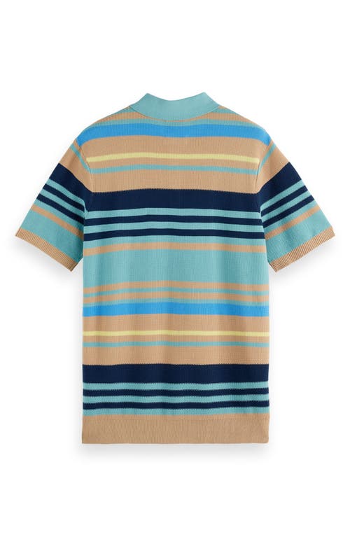Scotch & Soda Stripe Textured Cotton Knit Polo In Soft Camel Multi Str