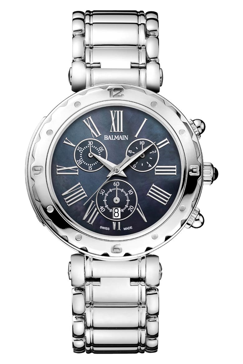 Mother-of-Pearl Chronograph Bracelet Watch, 38mm, Main, color, SILVER/ BLACK