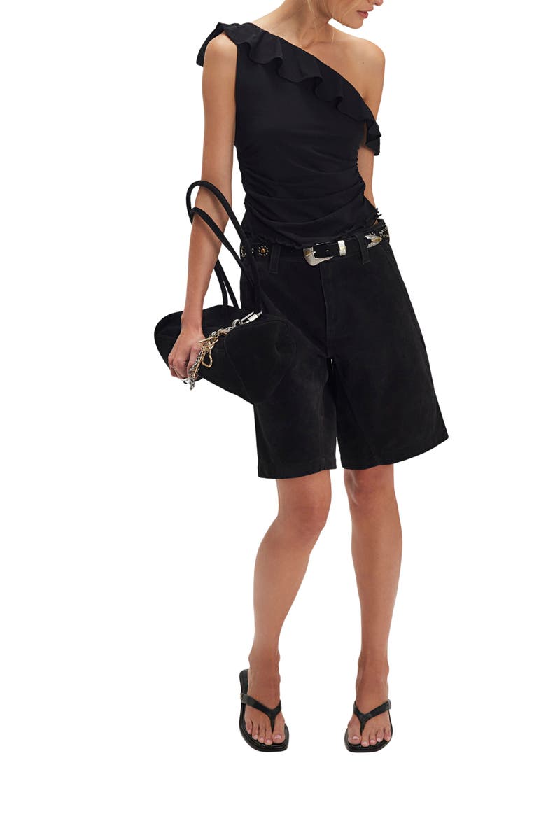 Isla Ruffle One-Shoulder Crop Top, Alternate, color, BLACK