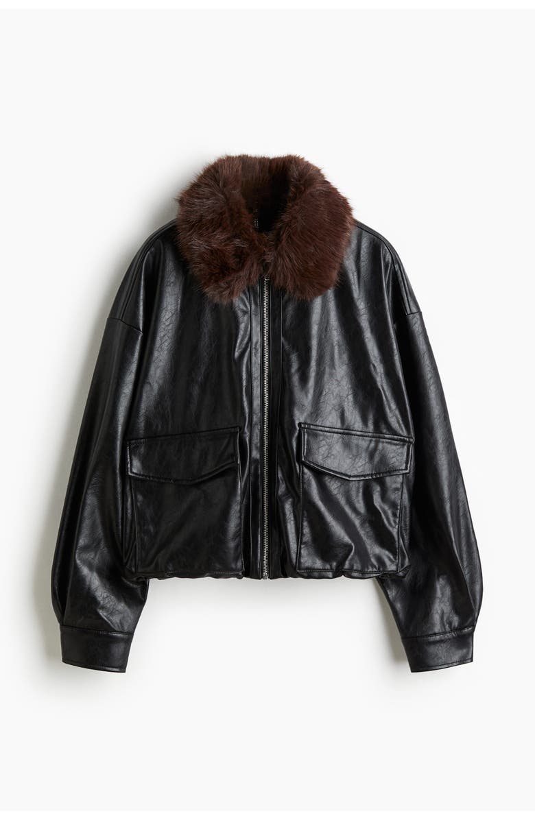 H&M Fluffy-collared Jacket, Main, color, Black/Brown