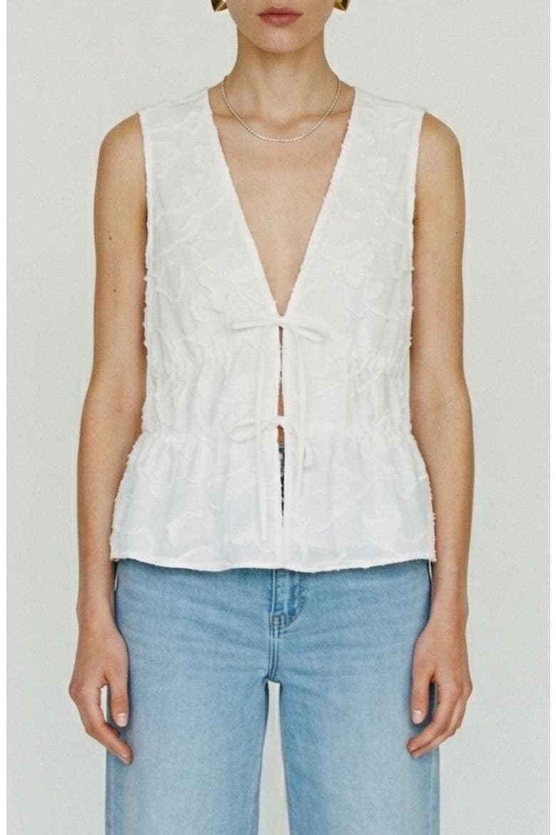 Mann Embroidered Tie Front Cotton Peplum Top, Main, color, SNOW WHITE