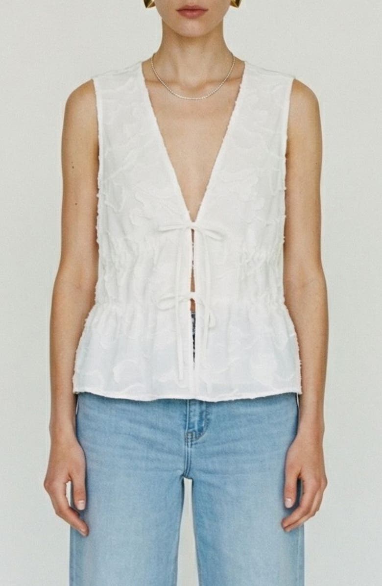 VERO MODA Mann Embroidered Tie Front Cotton Peplum Top, Main, color, Snow White