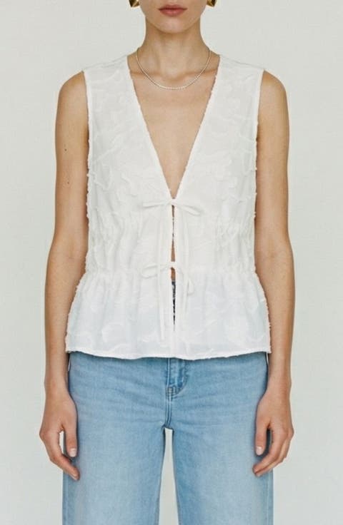 Mann Embroidered Tie Front Cotton Peplum Top