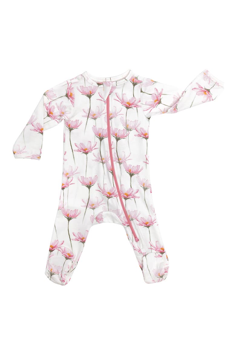 Organic Cotton Zip Footie in Pink Petals, Main, color, WHITE/ PINK