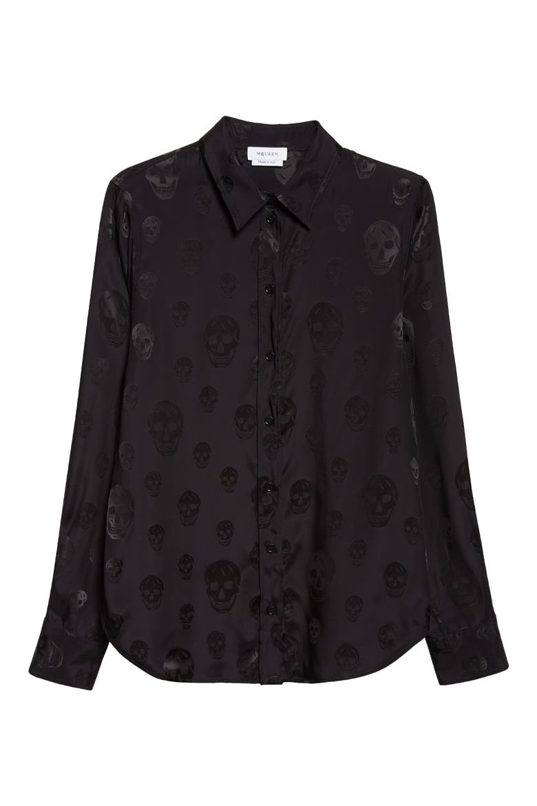 Slim Fit Skull Print Crêpe de Chine Button-Up Shirt, Alternate, color, BLACK
