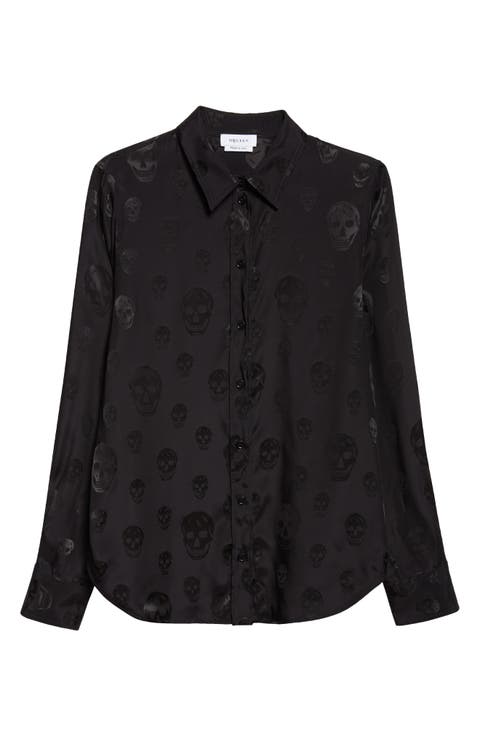 Slim Fit Skull Print Crêpe de Chine Button-Up Shirt