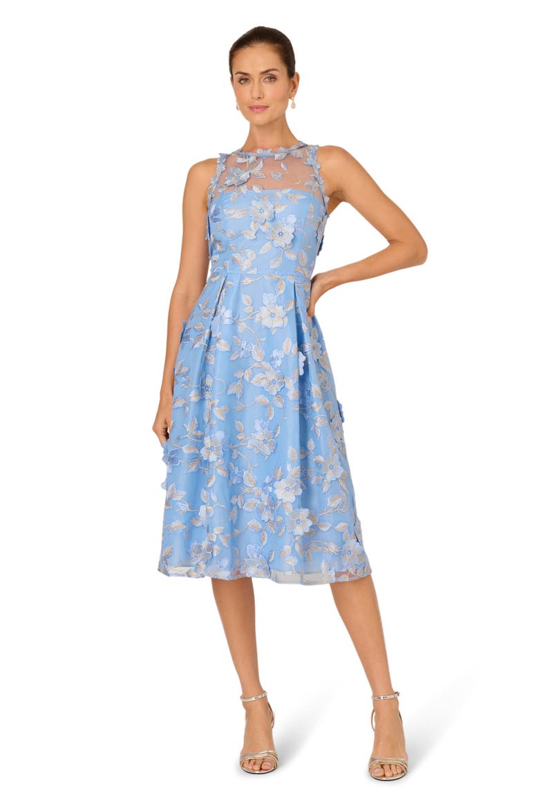 Floral Embroidered Fit & Flare Midi Cocktail Dress, Alternate, color, LIGHT BLUE/ GOLD
