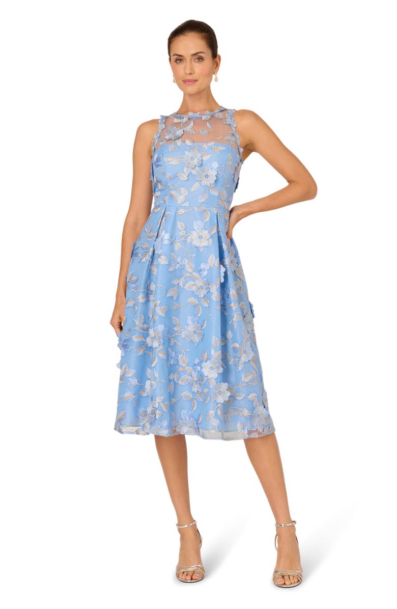 Adrianna Papell Floral Embroidered Fit & Flare Midi Cocktail Dress, Alternate, color, Light Blue/ Gold