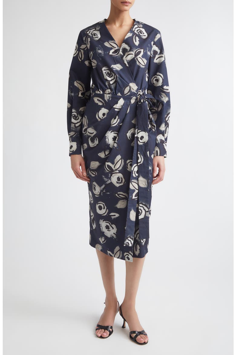 Floral Print Long Sleeve Cotton Wrap Dress, Main, color, ULTRAMARINE