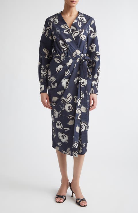 Floral Print Long Sleeve Cotton Wrap Dress