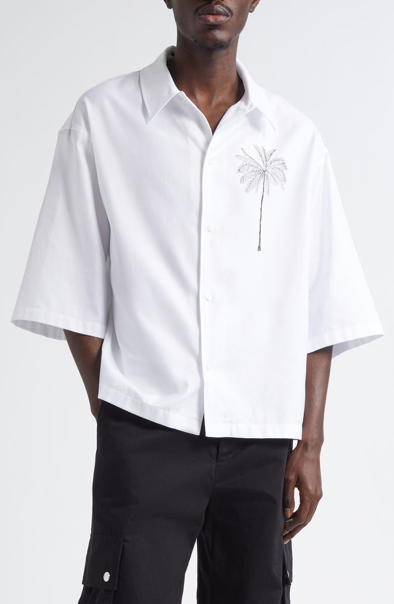 Jacquemus La Chemise Aloe Palm Tree Graphic Button-Up Shirt, Main, color, Palm Tree White/ Black