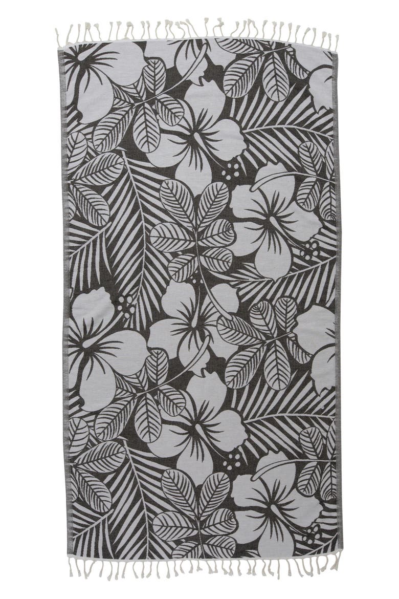 Hawaiian Flower Print Organic Cotton Reversible Turkish Towel, Alternate, color, Black