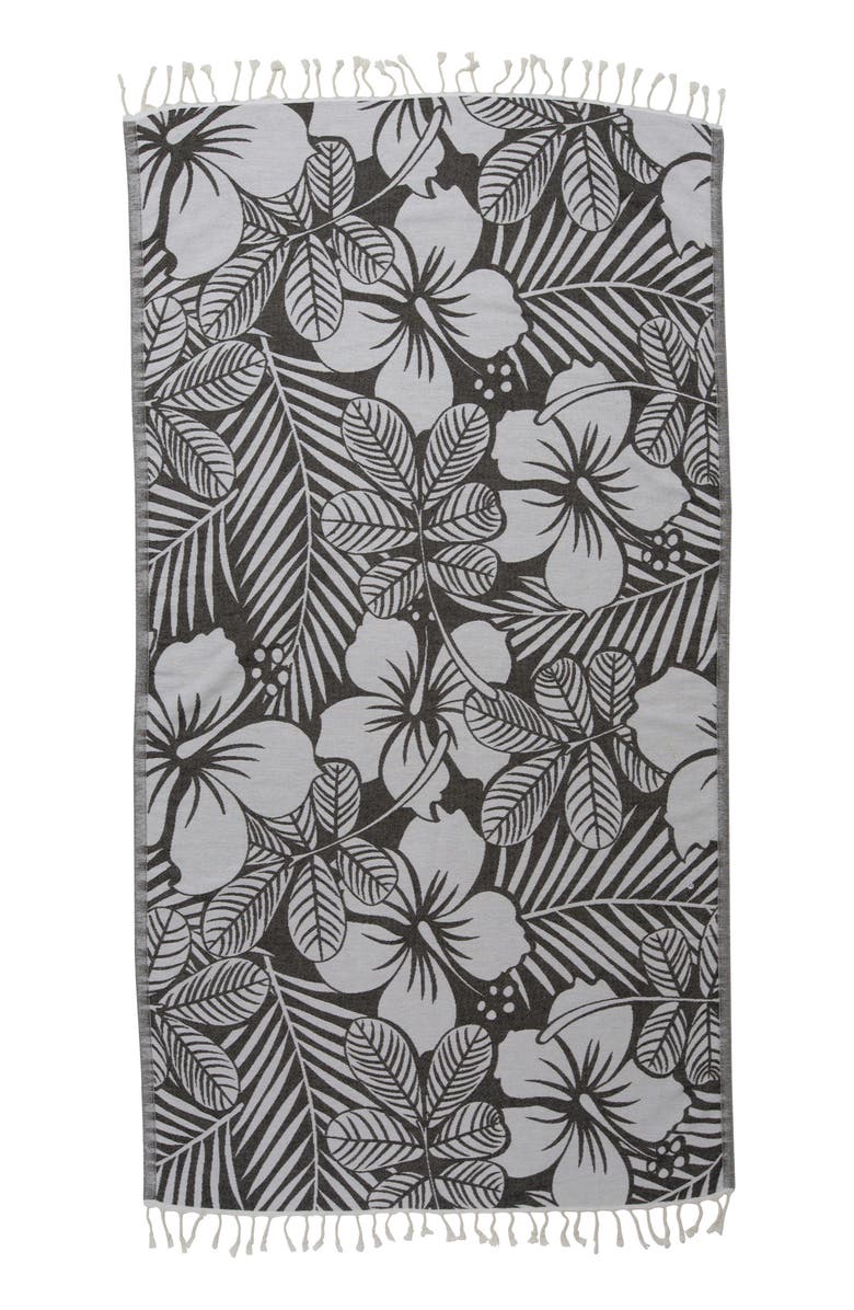 InfuseZen Hawaiian Flower Print Organic Cotton Reversible Turkish Towel, Alternate, color, Black