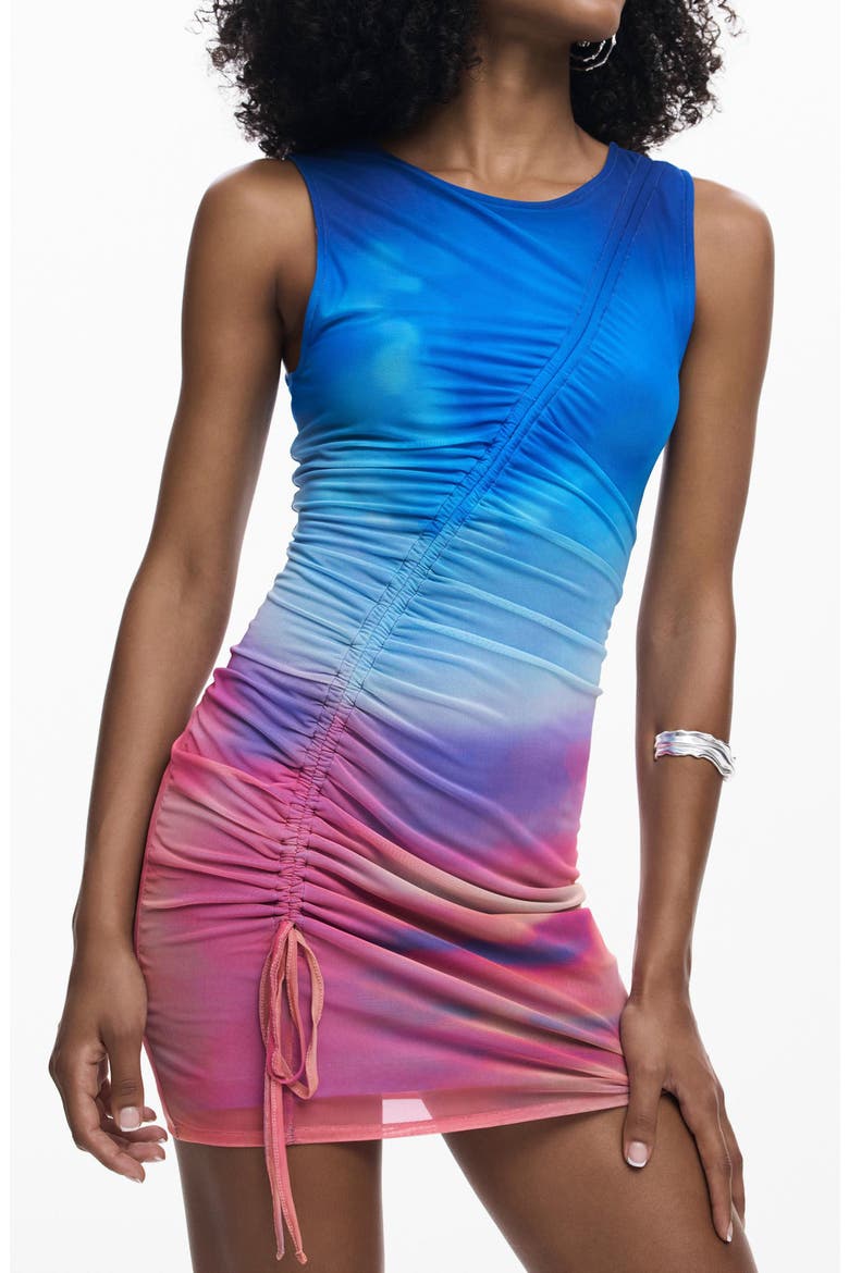 Print Ruched Sleeveless Minidress, Alternate, color, BLUE