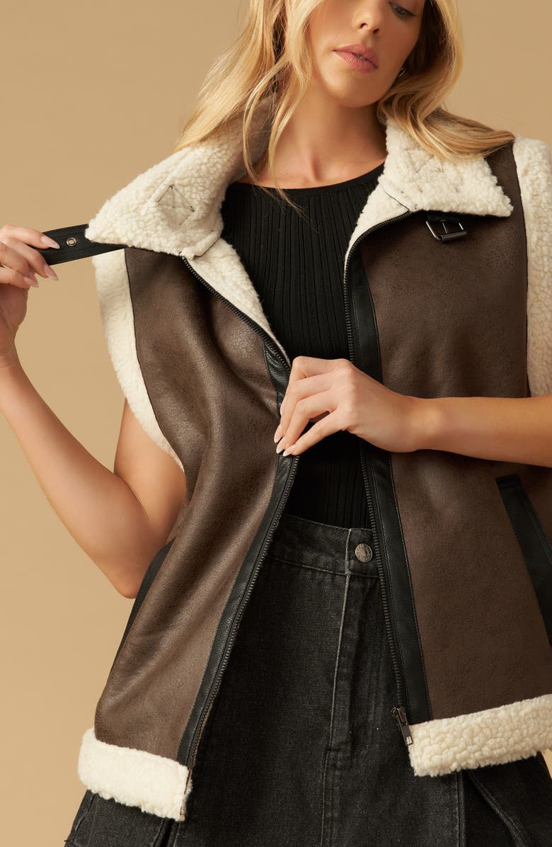 FLYING TOMATO Faux Shearling Trim Faux Leather Vest, Alternate, color, Brown