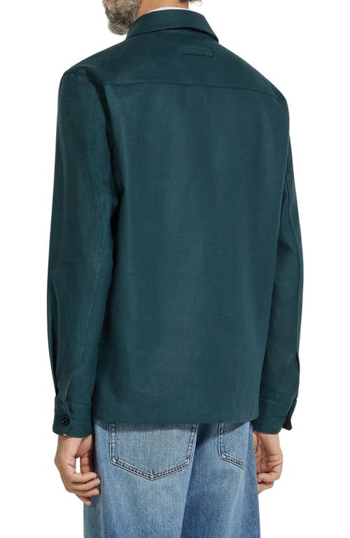 Zegna Overshirt Linen Concealed Placket In Teal Green