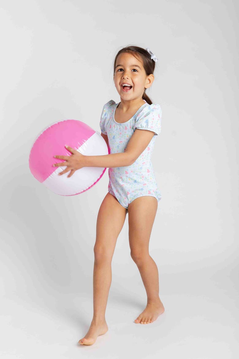 Floral Print Swimsuit with Puff Sleeves, Alternate, color, Blue/Multi