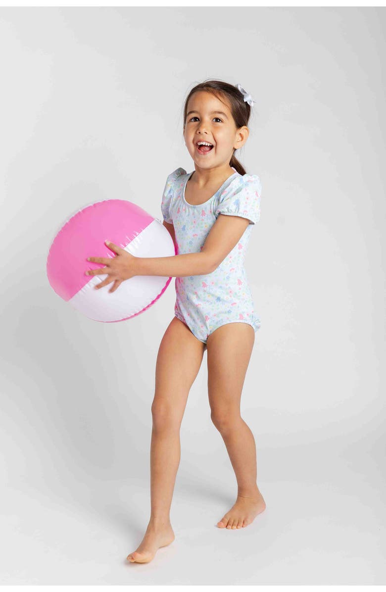 Florence Eiseman Floral Print Swimsuit with Puff Sleeves, Alternate, color, Blue/Multi