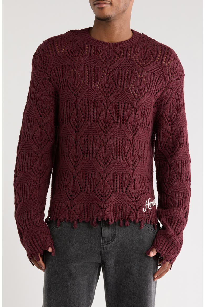 Open Stitch Cotton Crewneck Sweater, Main, color, BERRY