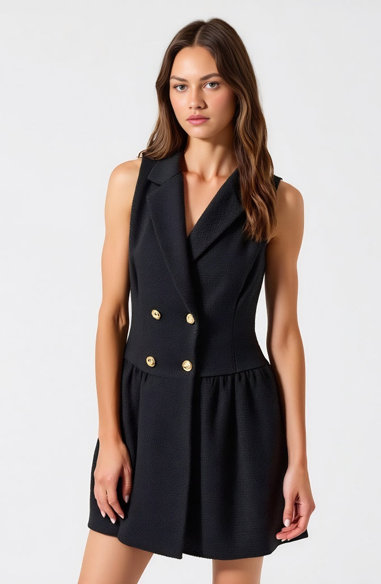 Modenaire Sleeveless Blazer Dress with Double-Breasted Boucle Tweed and Flared Hem, Alternate, color, Black