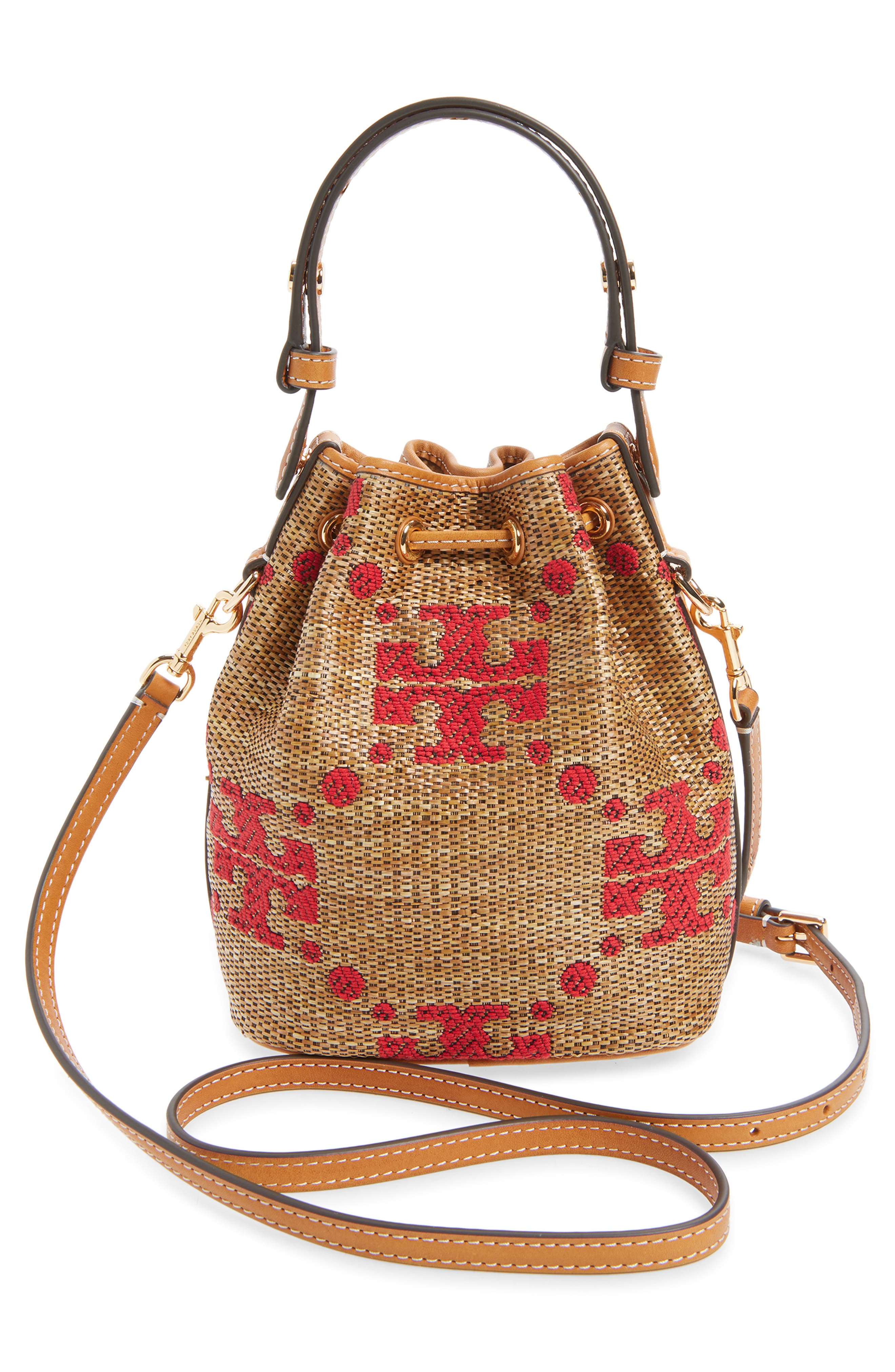 Tory Burch Mini T Monogram Straw Bucket Bag, Alternate, color, Natural
