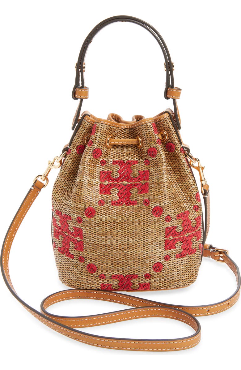 Tory Burch Mini T Monogram Straw Bucket Bag, Alternate, color, Natural