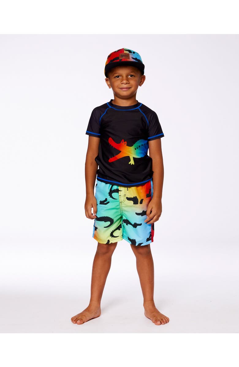Deux par Deux Boy's Short Sleeve Rashguard Black And Multicolored Crocodiles, Alternate, color, Black And Multicolor Crocodile
