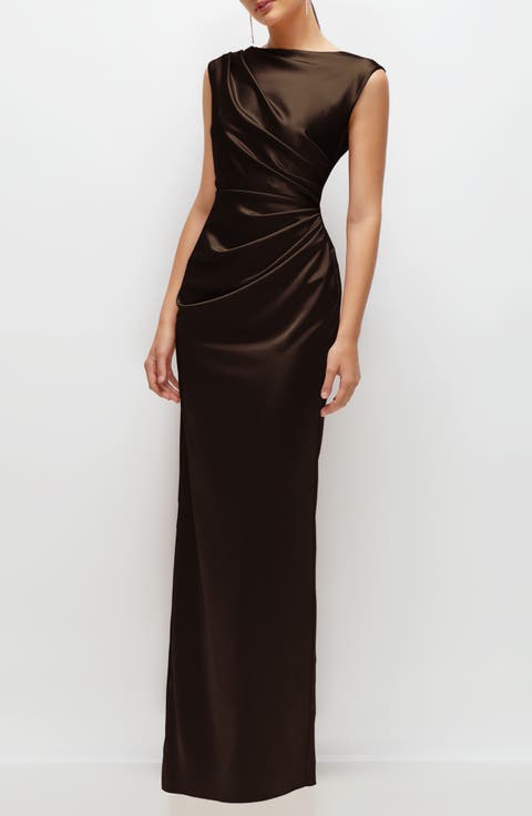 Pleated Cap Sleeve Charmeuse Gown