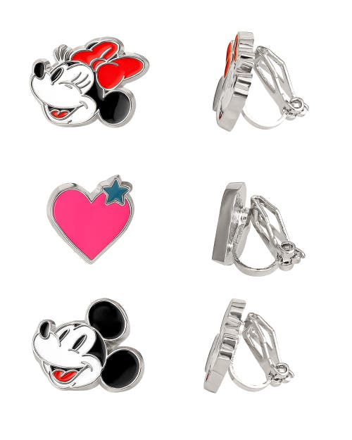 Disney Minnie And Mickey Mouse Clip On Earrings, 3-pack In Silver