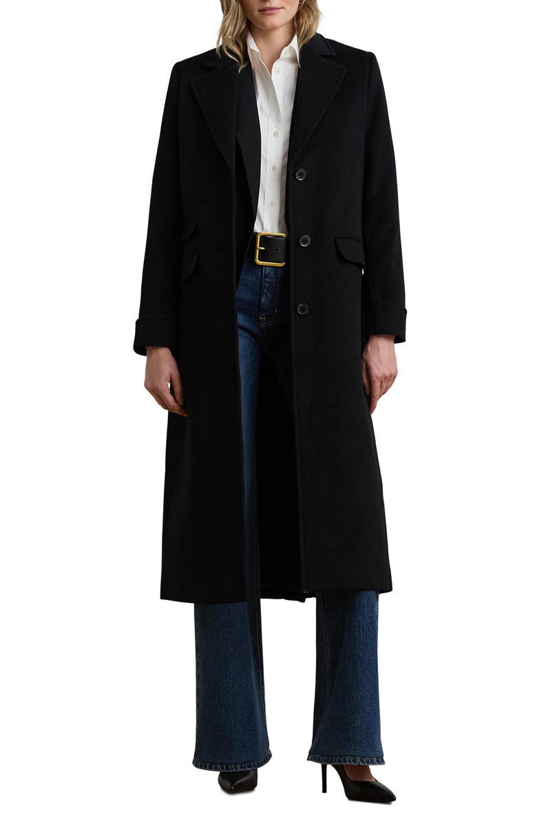 Lauren Ralph Lauren Longline Wool Blend Reefer Coat, Main, color, Black