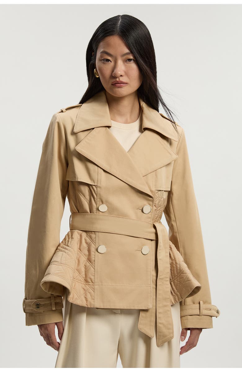 Karen Millen Quilted Padded Peplum Short Trench Coat, Main, color, Camel