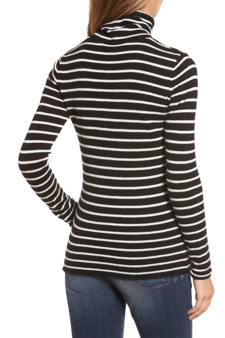 Funnel Neck Cashmere Sweater, Alternate, color, BLACK- IVORY STRIPE