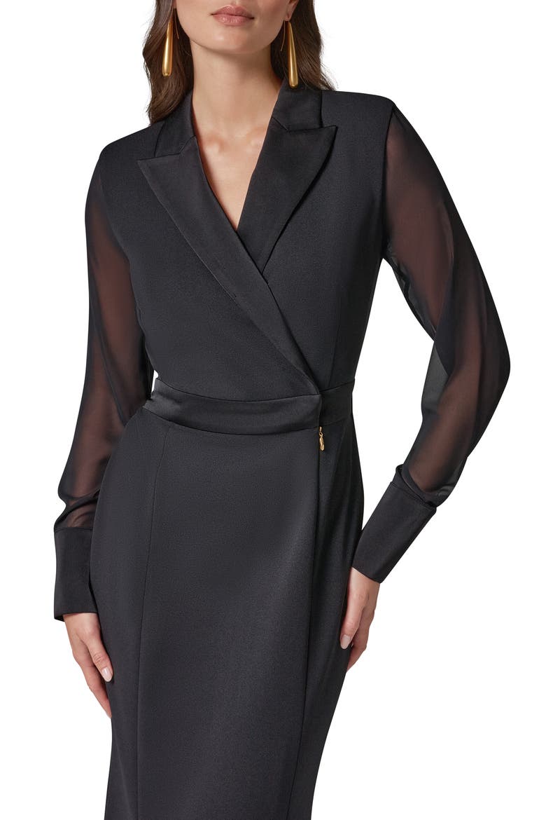 Tuxedo Chiffon Long Sleeve Scuba Crepe Twill Gown, Alternate, color, BLACK