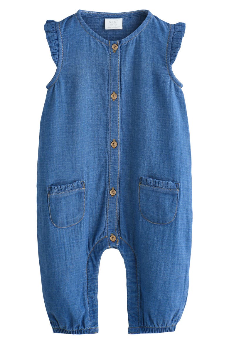 Denim Frill Romper, Main, color, BLUE