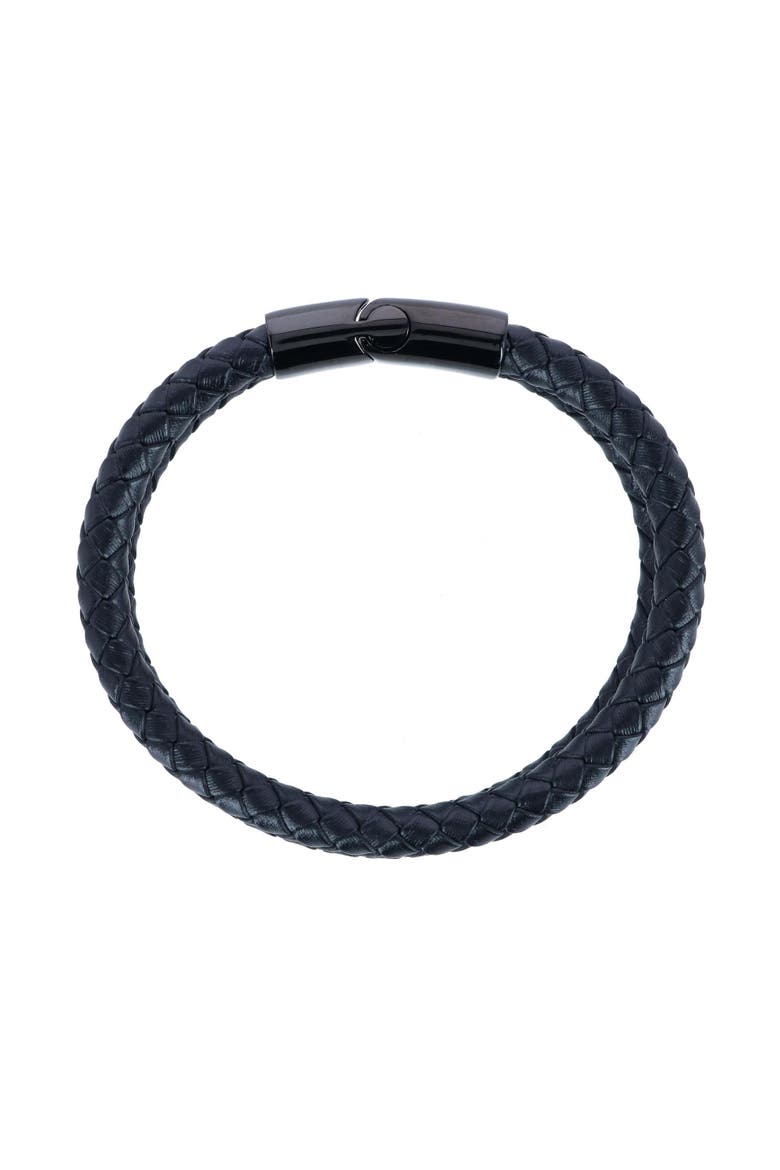 Loose Fit Simple 2 Band Braided Secure Clasp Leather Bracelet, Alternate, color, Black