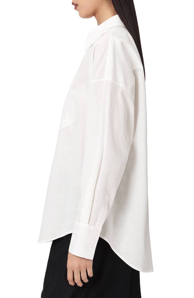 AllSaints Sparrow Embrodiered Logo Appliqué Linen & Cotton Button-Up Shirt, Alternate, color, Optic White