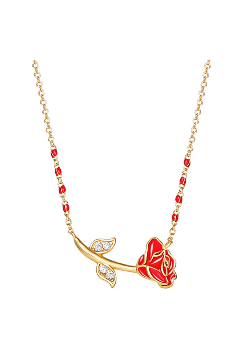 Beauty and the Beast Red Enamel Rose Necklace for Women 17", Main, color, Metallic Gold
