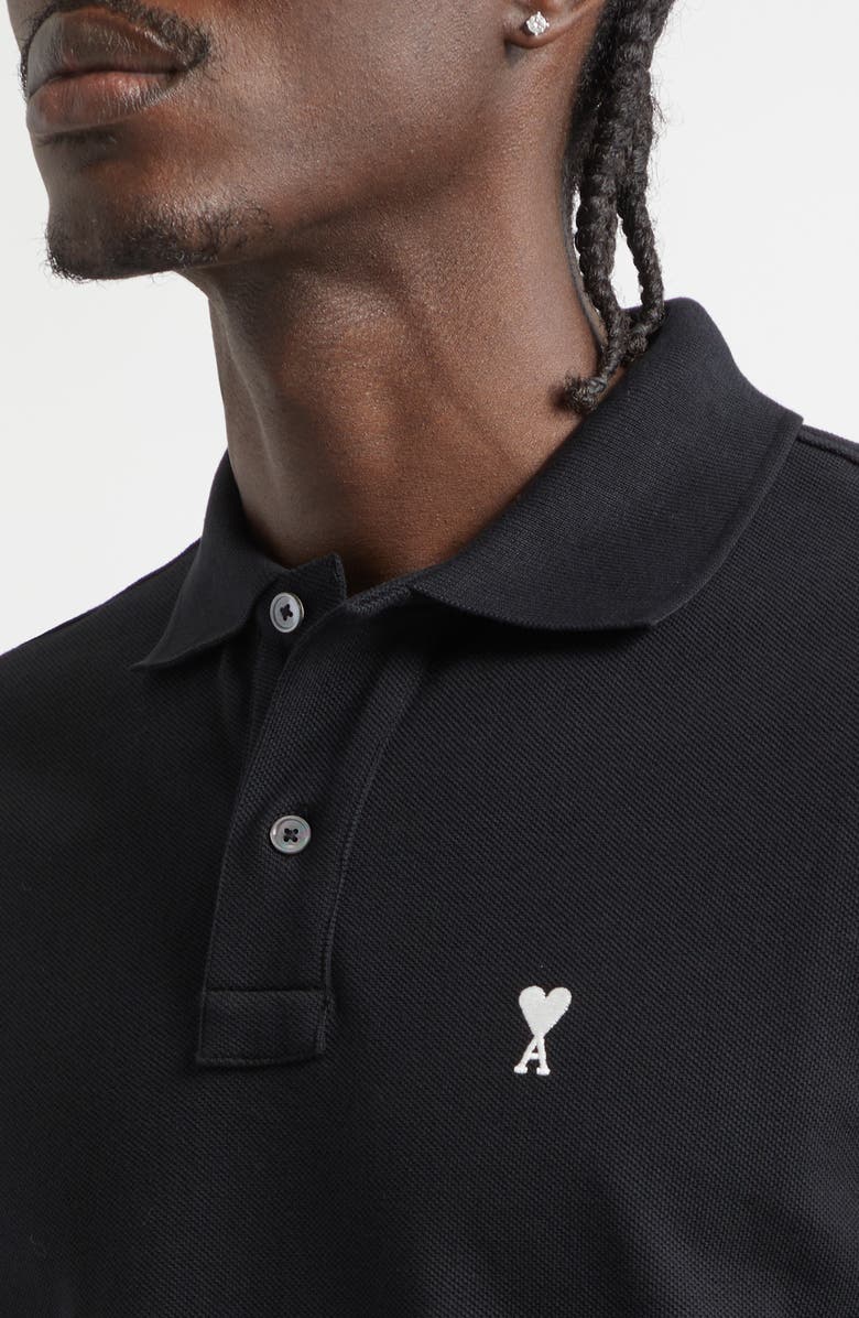 AMI PARIS Ami de Coeur Embroidered Cotton Piqué Polo, Alternate, color, Noir/ Blanc Creme