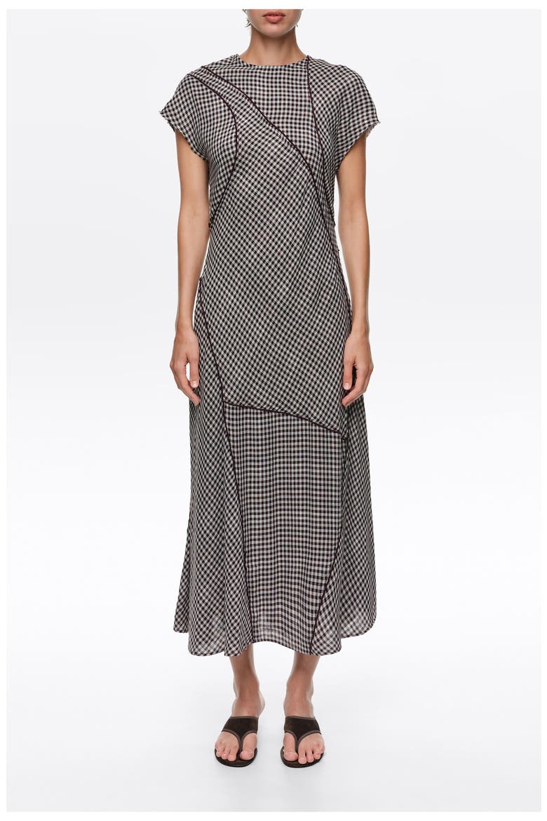 Checked Patchwork Midi Dress, Main, color, DARK BROWN