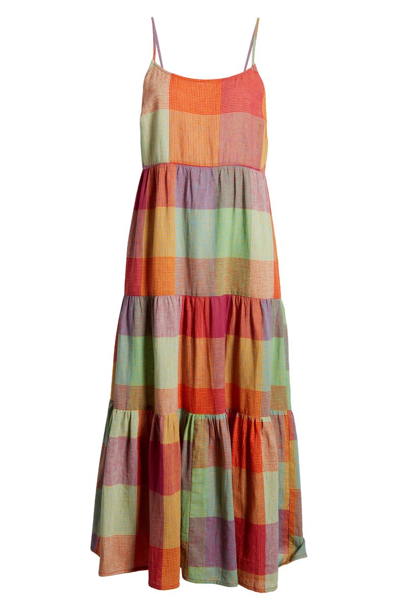 beachlunchlounge Lana Madras Plaid Tiered Midi Sundress, Alternate, color, 